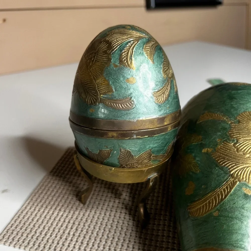 Vintage Brass Green Enamel Floral Set Egg Trinket Box Vase and Scalloped Tray